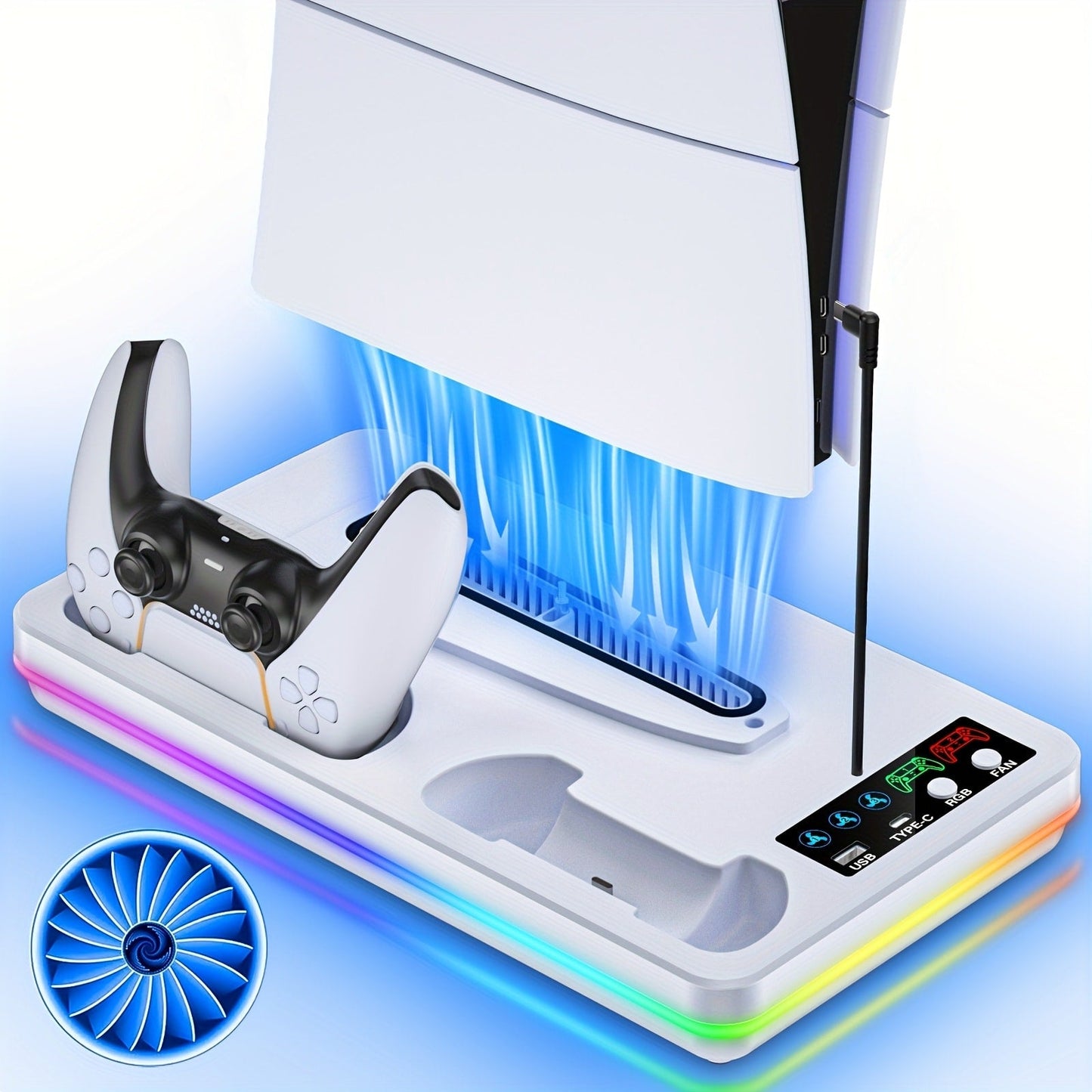 10 RGB Lights PS5 Cooling Stand with 3-Level Fan, Dual Controller Charging Station, USB Hub & Type-C Port – Compatible with PS5 / PS5 Slim / PS5 Pro Standard & Disc/Digital Edition