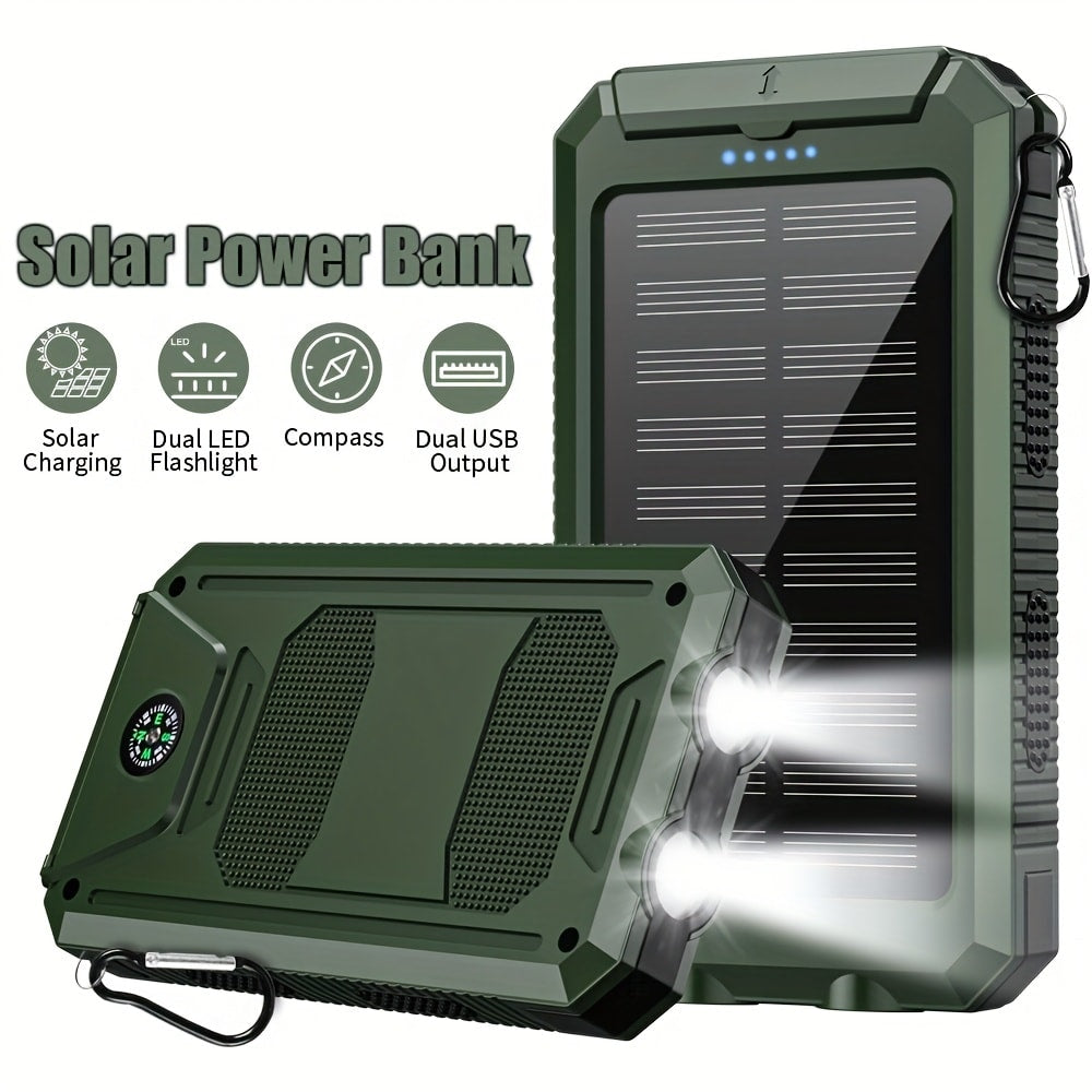 Solar Power Bank, 29800mAh Dual-USB 5V Charger with Solar Panel, Dual LED Flashlight, Compass and Eight Color Options