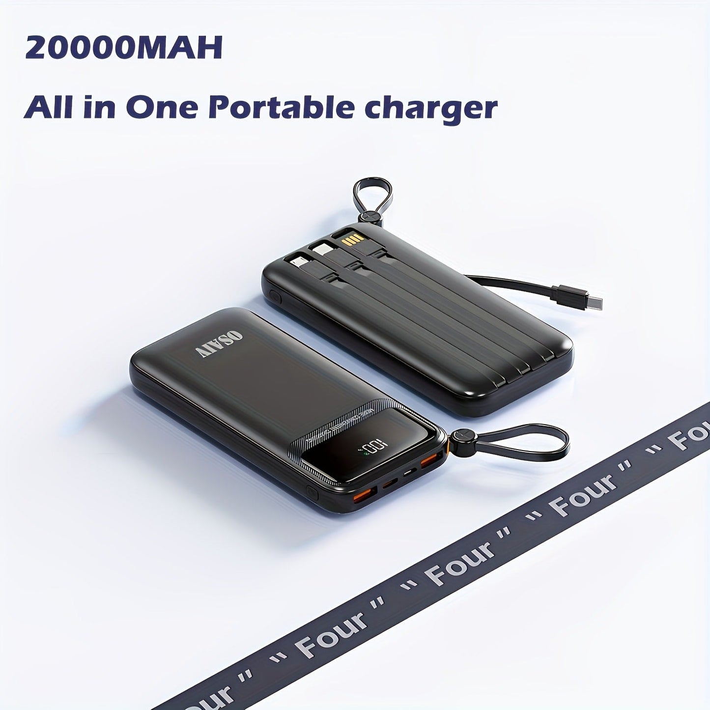 20000mAh Power Bank with Four Built-In Cable Leads, 20W Marking, Percentage Display and Three Colors