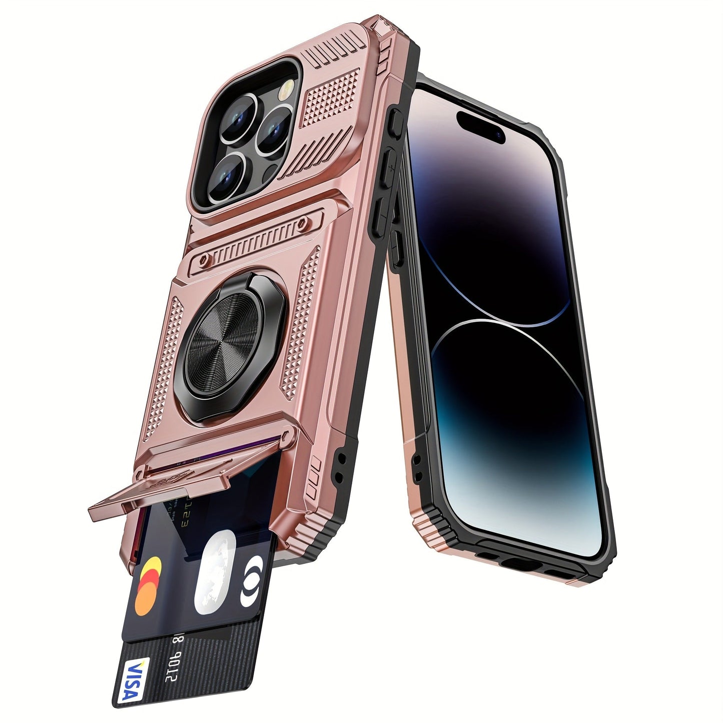 Phone Case Dual-Card Hard Shell Cover with 360° Metal Ring Kickstand for Select iPhone 7–17 Models