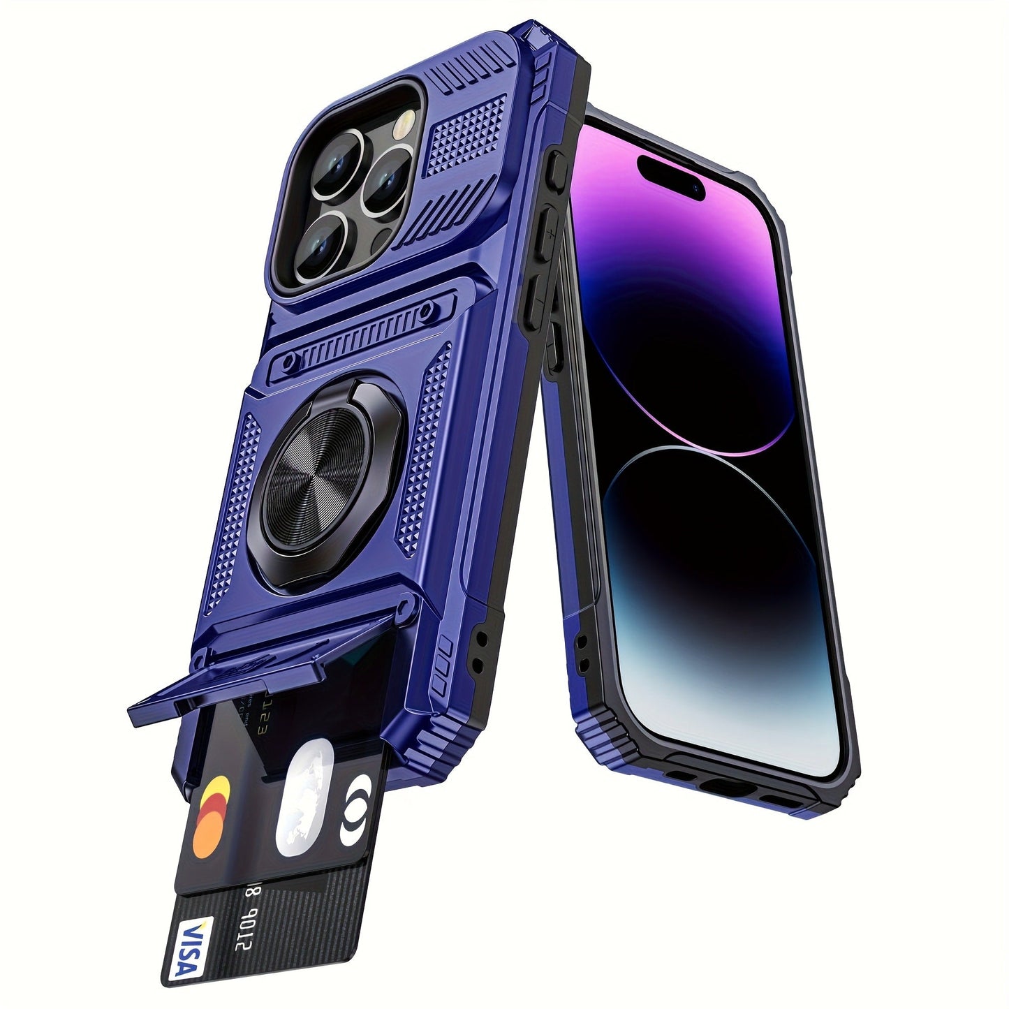 Phone Case Dual-Card Hard Shell Cover with 360° Metal Ring Kickstand for Select iPhone 7–17 Models