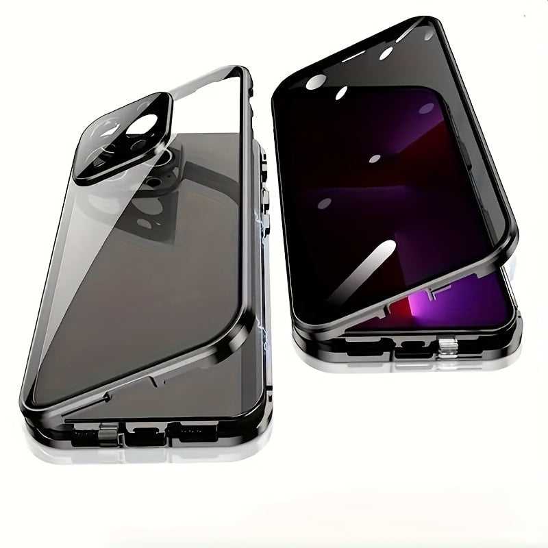 Phone Case Privacy Tempered Glass Cover with Aluminum Frame, Magnetic Snap Lock and Wireless Charging Support