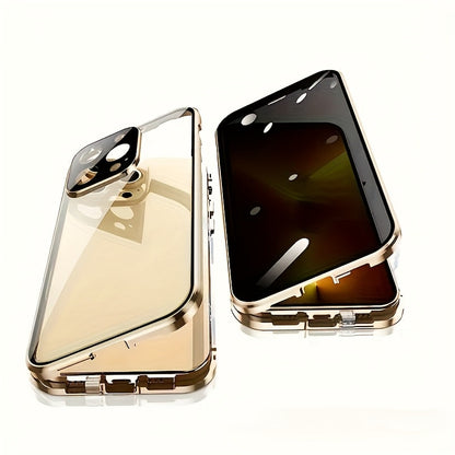 Phone Case Privacy Tempered Glass Cover with Aluminum Frame, Magnetic Snap Lock and Wireless Charging Support