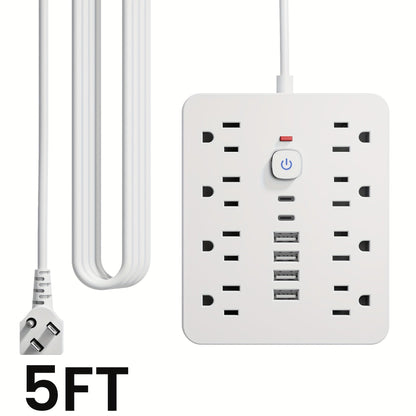 Power Strip Flat-Plug Wall-Mount 14-in-1 with 8 AC Outlets, 4 USB-A, 2 USB-C and 5- or 10-Foot Cord