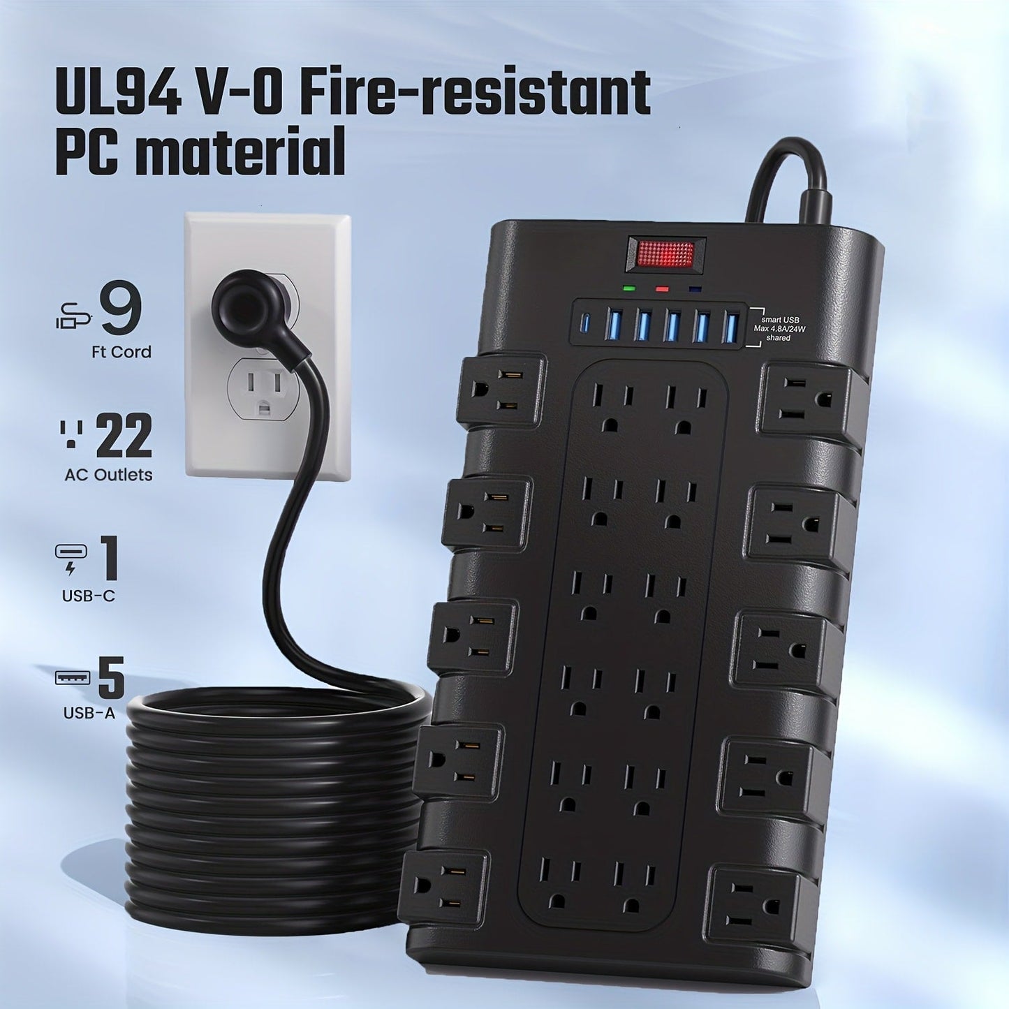 Surge Protector Power Strip 28-in-1 with 22 AC Outlets, 5 USB-A, 1 USB-C, 2100J Rating and 5 to 13 ft Cord Options