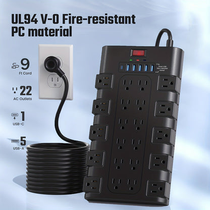 Surge Protector Power Strip 28-in-1 with 22 AC Outlets, 5 USB-A, 1 USB-C, 2100J Rating and 5 to 13 ft Cord Options