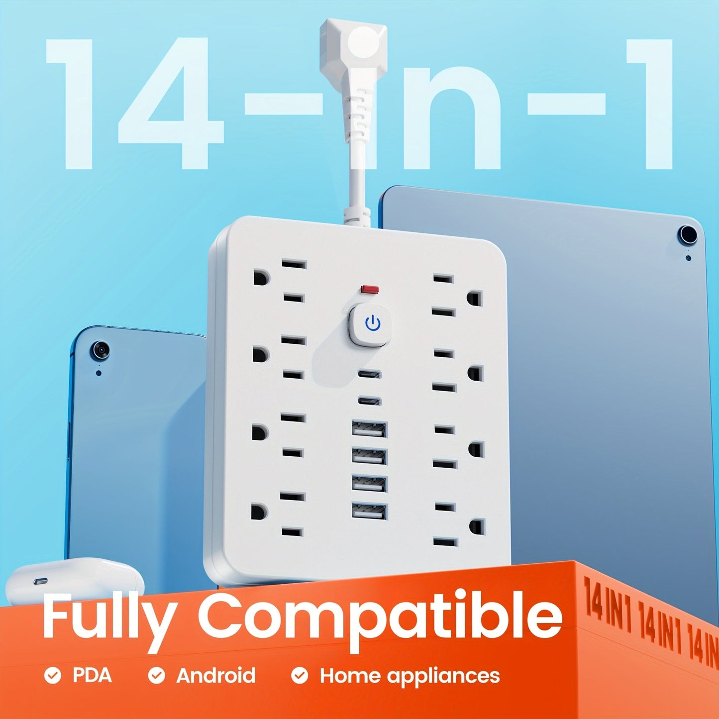 Power Strip 14-in-1 Flat-Plug Surge Protector with 8 AC Outlets, 4 USB-A, 2 USB-C and Black or White Finish