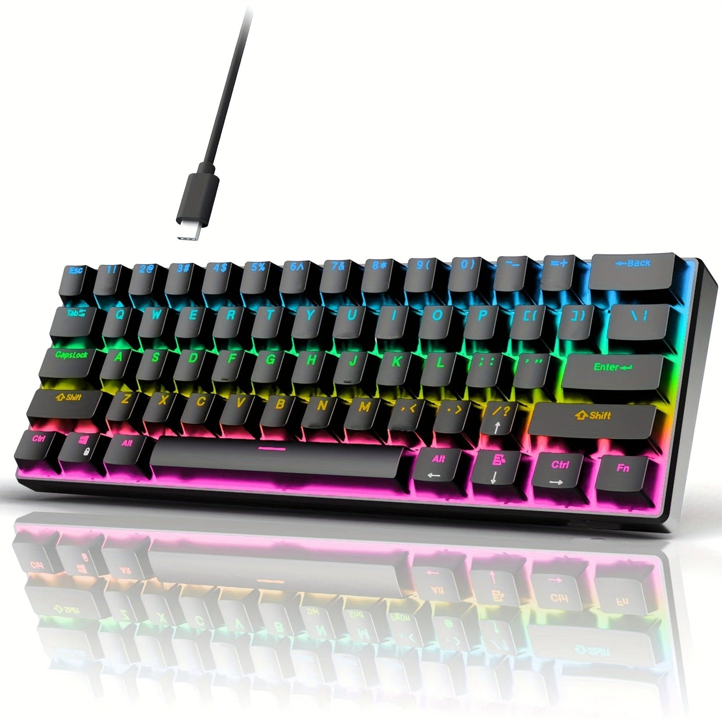 Blue Switch RGB Mechanical Keyboard 60% Layout – 61 Keys Ultra-Compact Wired Tenkeyless Design for PC, Laptop & Mac | Clicky Tactile Gaming & Typing Keyboard | Black & White Color Options