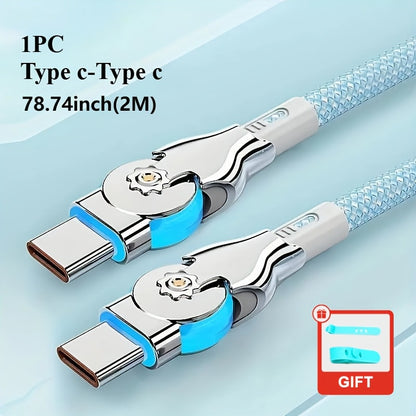 Double-Elbow USB-C to USB-C Cable with Rotating Right-Angle Connectors, Blue LED Accents and 2 m Length