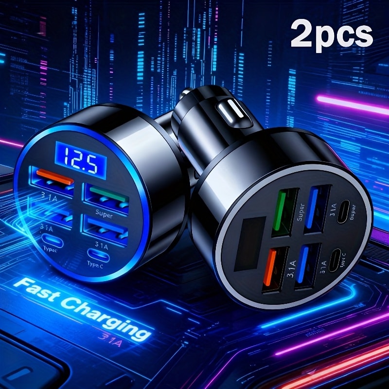 6-in-1 Car Charger 2-Pack with Ambient Light & Voltage Display – Dual PD Fast Charge + QC3.0 + 4 USB Ports Matte Finish – Multi Port USB Car Charger for iPhone 15 14 13 Samsung Android 12V 24V