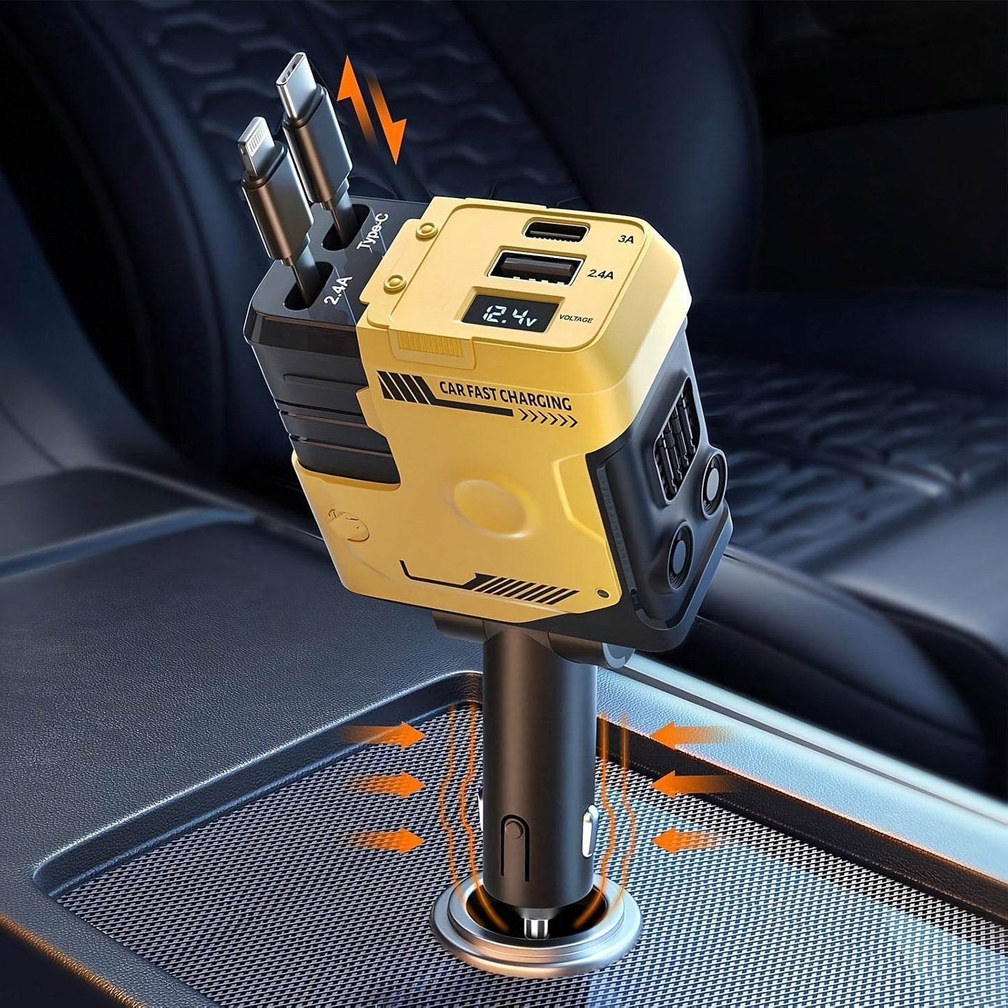 120W Fast Car Charger 4-in-1 with Retractable PD 3.0 Type-C Cable & Multi-Port USB Adapter – Short Circuit & Overheat Protection for iPhone Samsung Galaxy S25 Ultra Huawei Android, 4 Colors Available