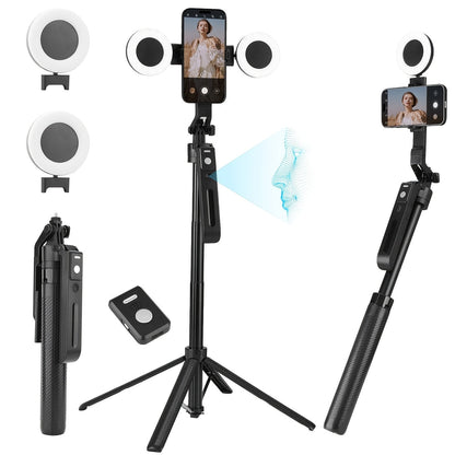 AI Selfie Stick Tripod with 360° Face Tracking, Built-In Fill Light & Wireless Remote – Sleek Metal Finish, Adjustable Height, Compatible with iPhone & Android for YouTube TikTok Vlogging Travel Photography