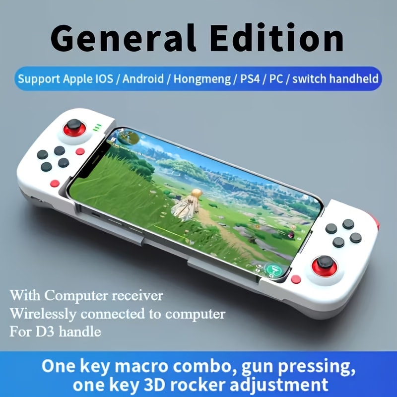 Expandable Mobile Game Controller D3 Joystick with M2 Aim-Assist – Plug & Play for Android iOS HarmonyOS, FPS Shooter Action Games, Phone Gamepad Clip-On Grip White Black Red Blue Gift