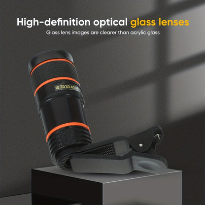 Twelve-Times Clip-On Telephoto Lens for Smartphones with Adjustable Focus and Pictured 3.2 cm Body Width