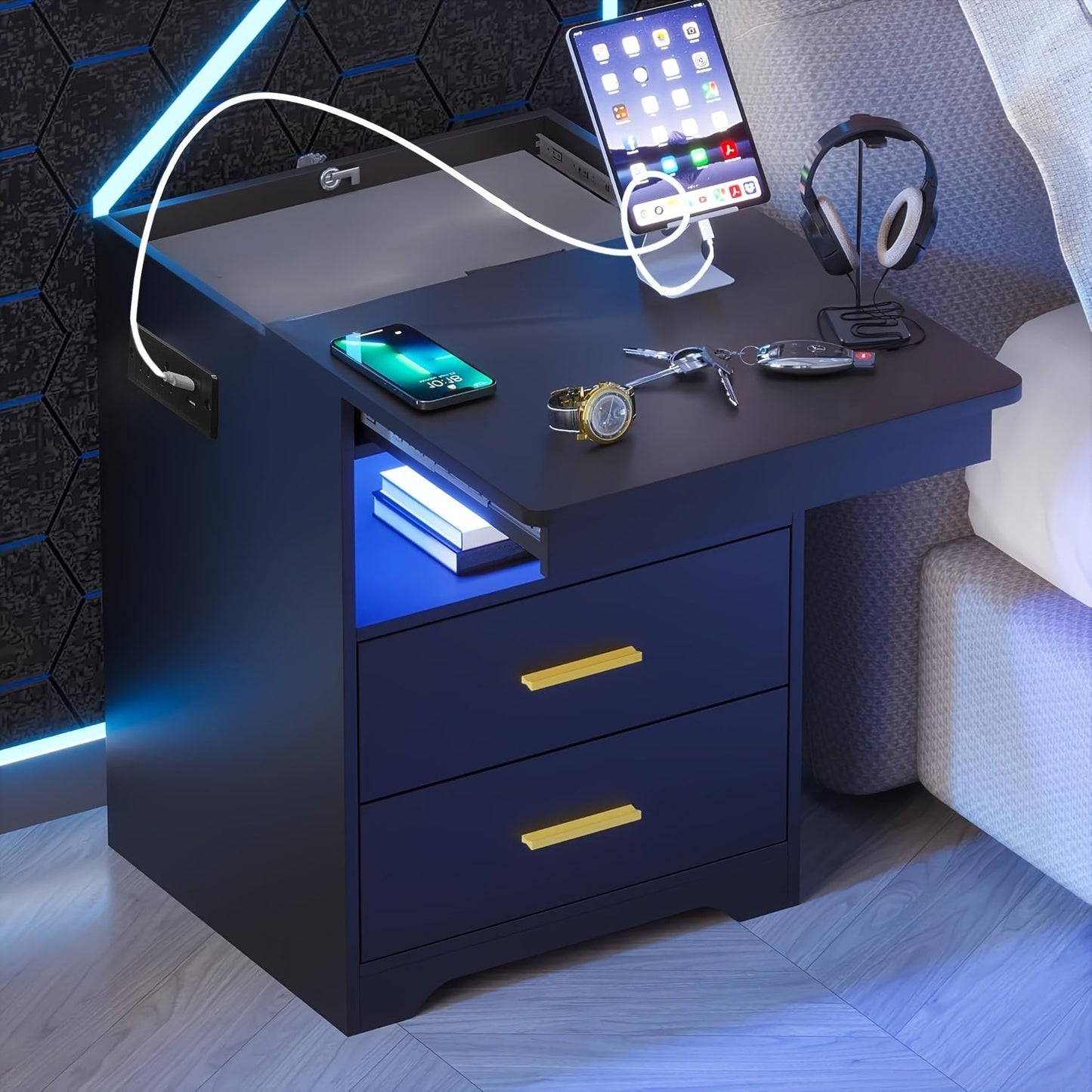Nightstand Two-Drawer Bedside Table with Lockable Hidden Tray, Charging Station and 16-Color RGB Light