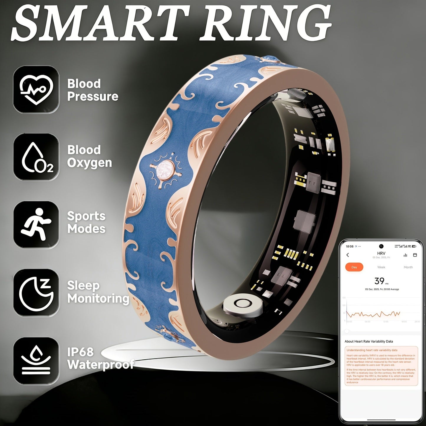 Smart Ring for Women Health & Sleep Tracker No Subscription – 24/7 Heart Rate Stress Fitness Monitoring, Gesture Photo Control, Strava Sync, iPhone & Android Compatible, Navy Blue & Sunset Purple US Size 7 9 10