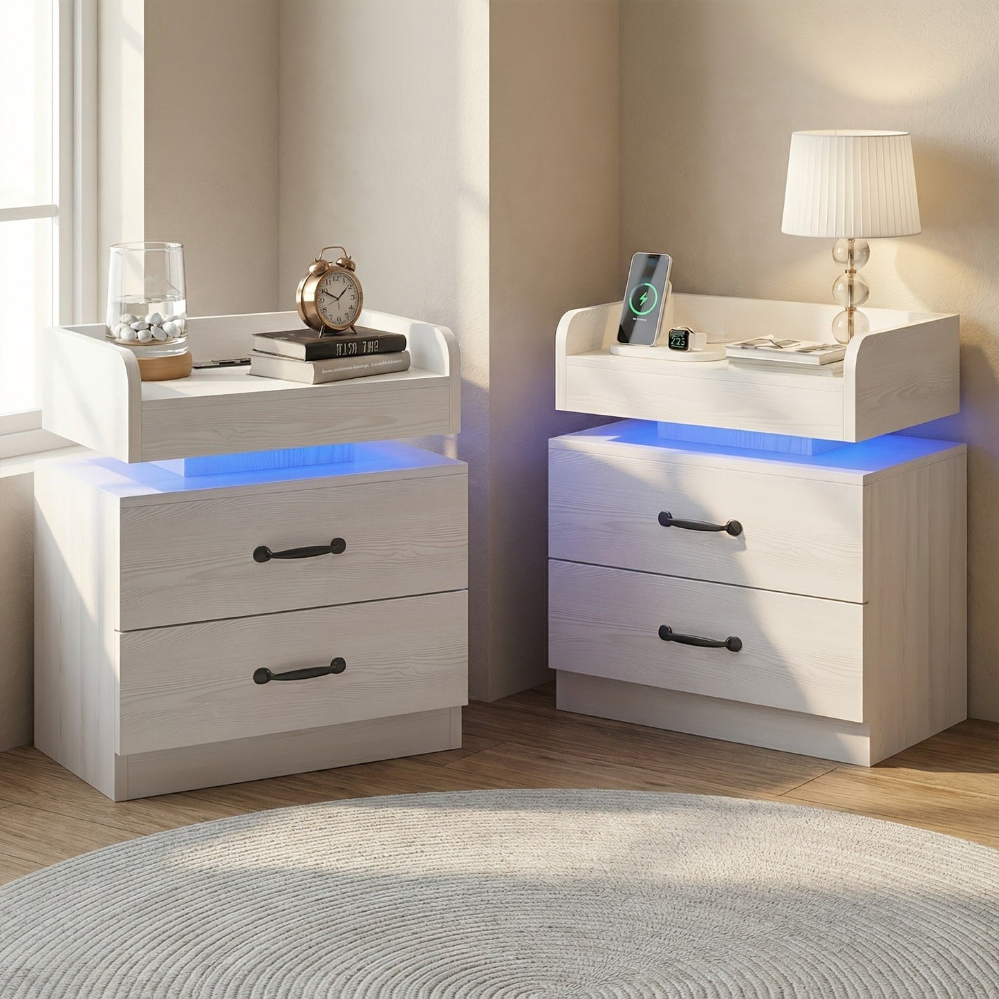 Nightstand Tray-Top Two-Drawer Bedside Table with Charging Station, LED Light and Black or White Finish