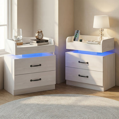 Nightstand Tray-Top Two-Drawer Bedside Table with Charging Station, LED Light and Black or White Finish