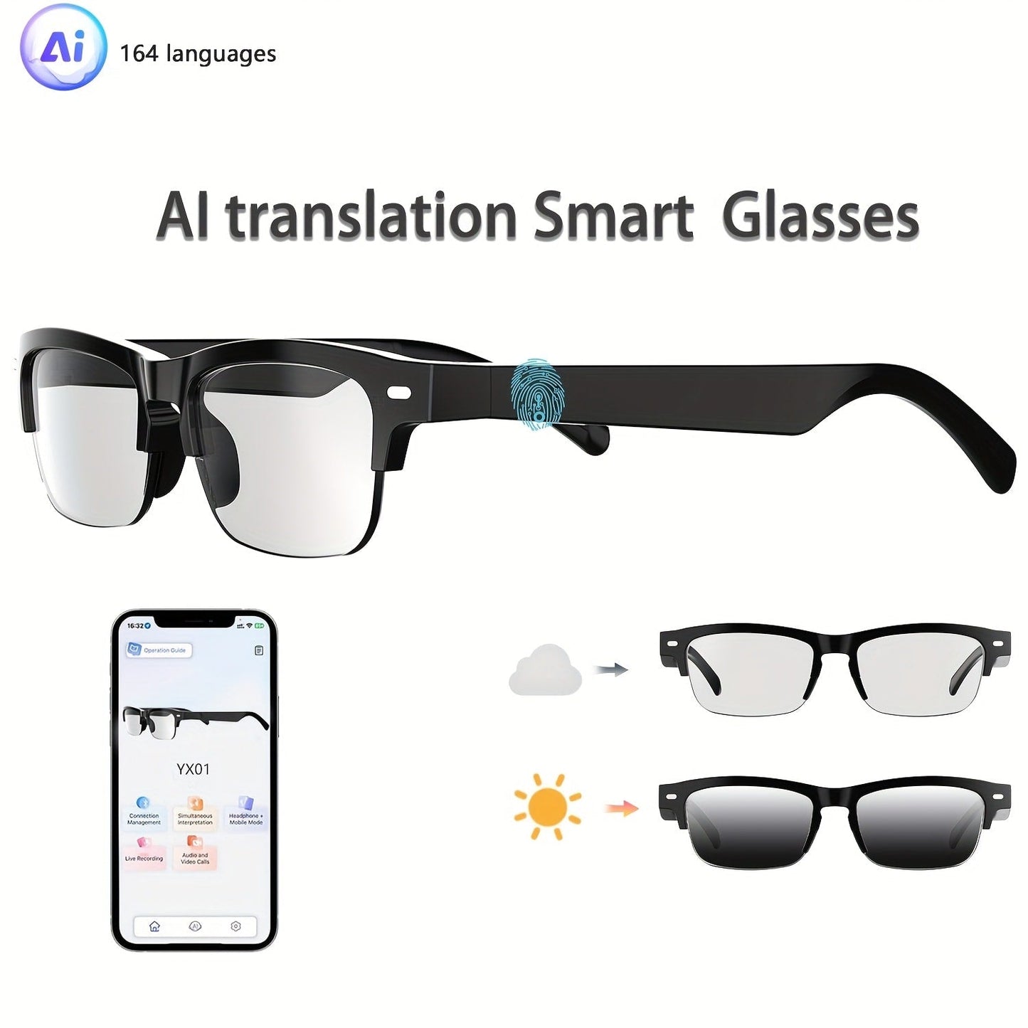 Smart Glasses 160-Language Translation Eyewear with Open-Ear Audio and 19 Photochromic Frame Options