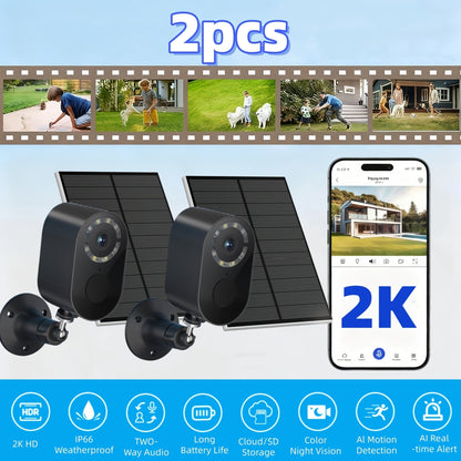 Security Camera 2K Solar Outdoor Model with Color Night Vision, Two-Way Audio, Human-Figure Alarm and Four Bundles