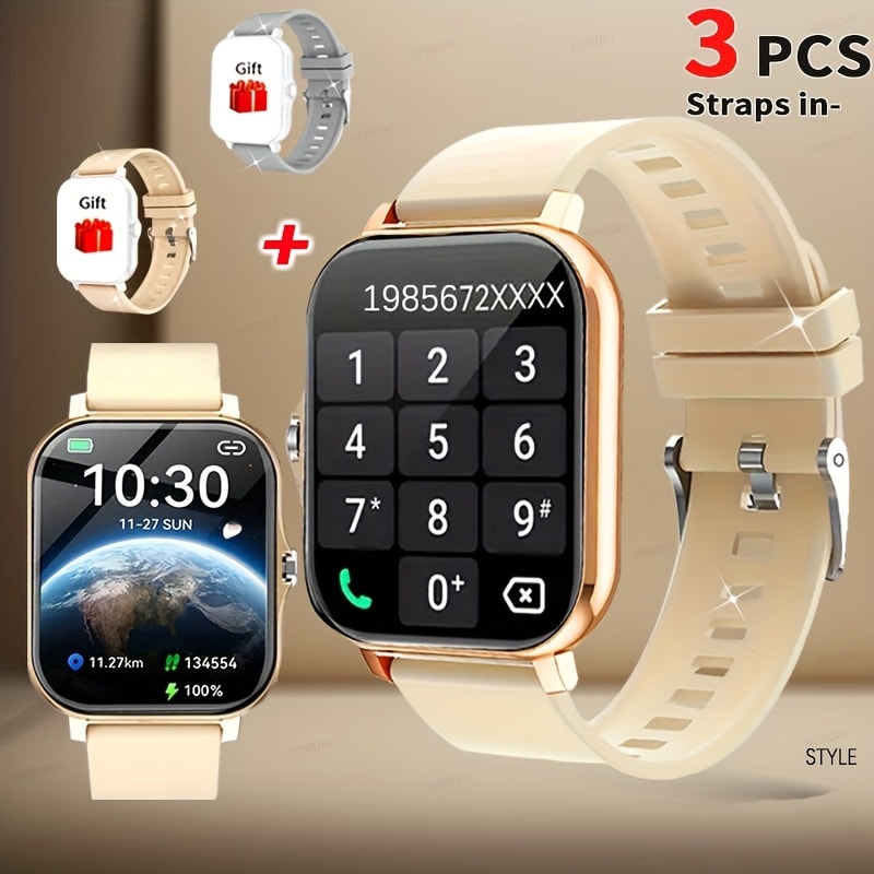 Smartwatch with 3 Straps Set 1.83" Full Touch Screen – Wireless Calling Multi Sport Mode Navigation Remote Camera Music USB Rechargeable for Men Women Black Pink Silver Gold