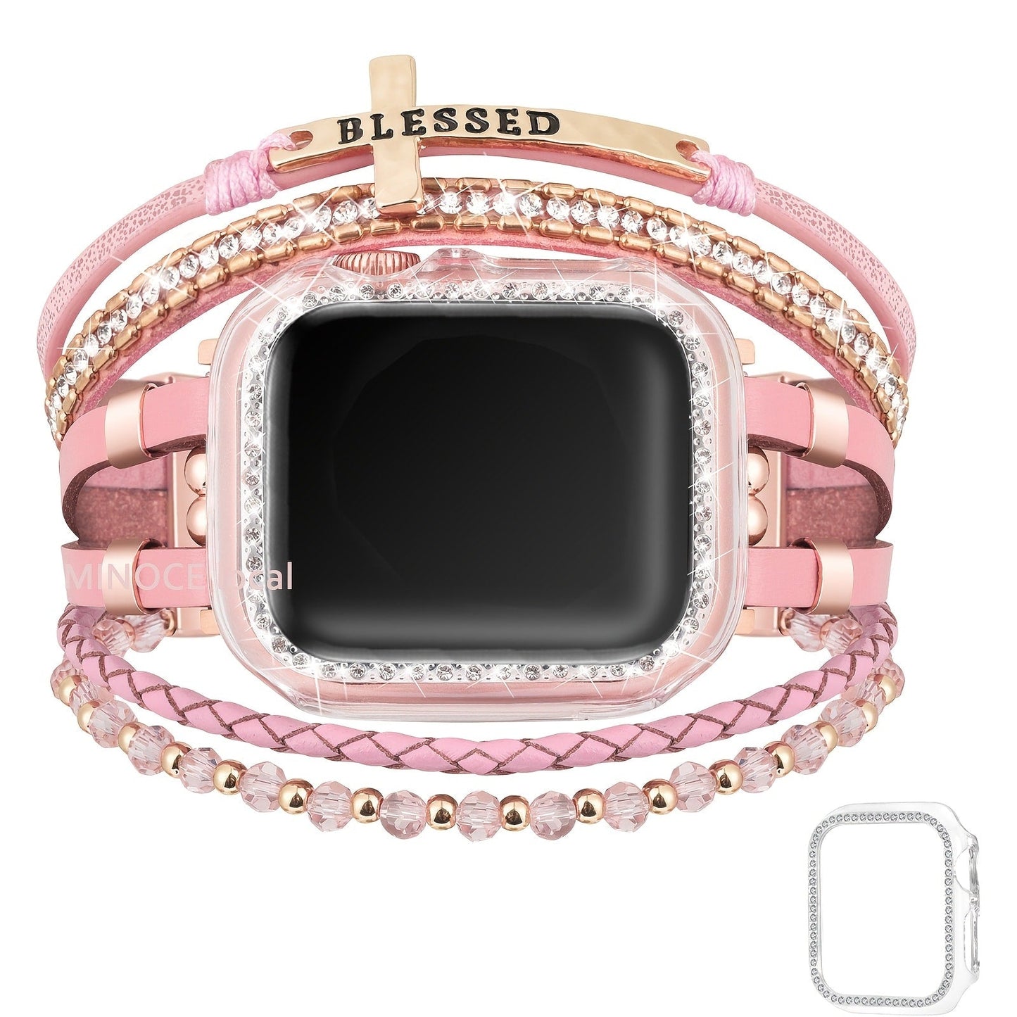 Boho Apple Watch Band 2-in-1 Bracelet & Protective Case for Women, Handmade Multilayer Wrap Strap with Glitter Bumper, Fits Apple Watch 38/40/41/42/44/45mm Series 9 8 7 6 5 4 3 2 1 SE – Sky Blue Pink Gold