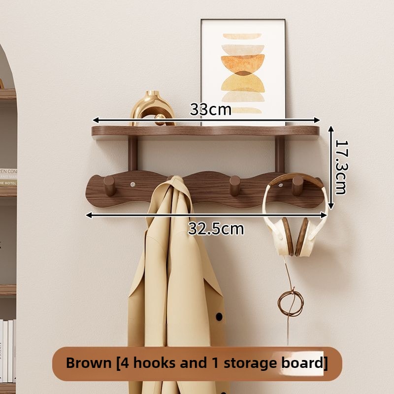 Coat Rack Wall Mounted Wood-and-Metal Organizer with Upper Shelf and 4 or 8 Hooks for Entryway Storage