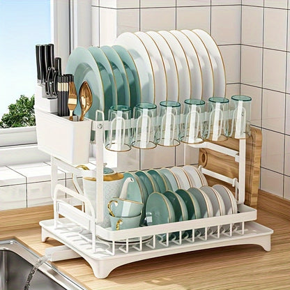 Two-Tier Dish Drying Rack with Rotating Drain Tray, Cup Holders and Black or White Frame Options