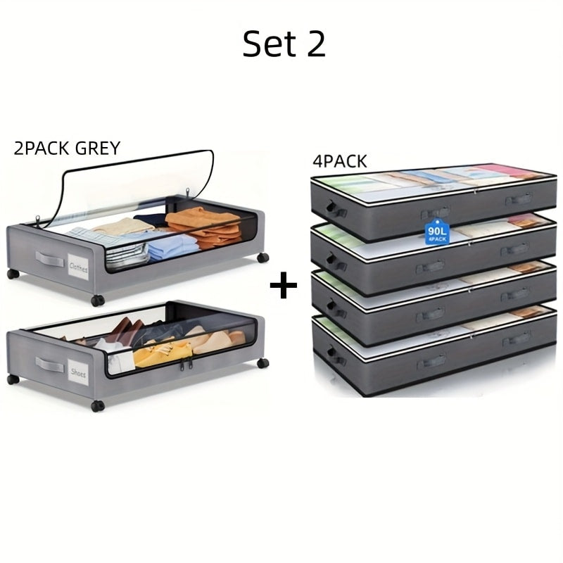 Rolling Fabric Under-Bed Storage Bins with Clear Zip Covers, Label Windows and Black or Gray Sets