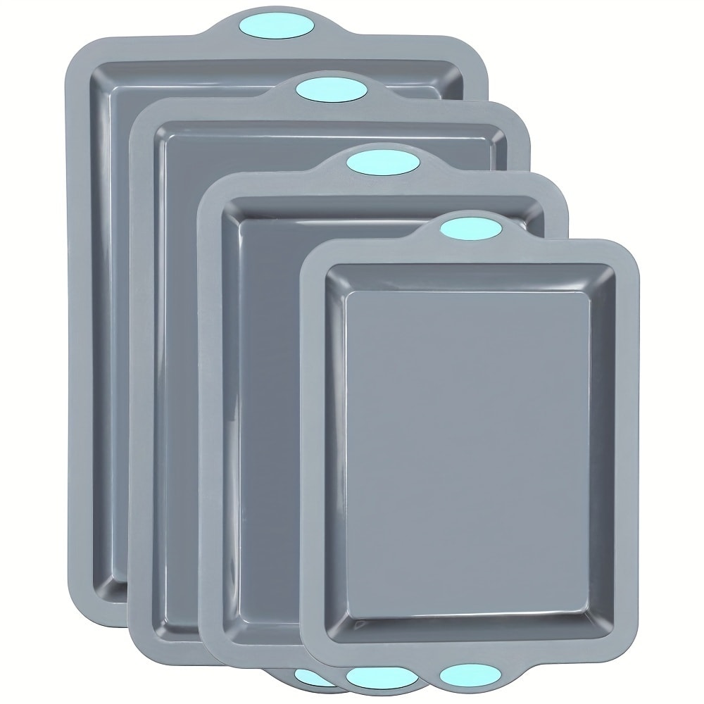 Silicone Baking Pans Set 4-Piece – Nonstick Bakeware with Metal Reinforced Frame, Includes Baking Sheet, Cookie Sheet & Cake Pan with Grips, Oven Safe, Easy Release – Navy Blue & Light Gray