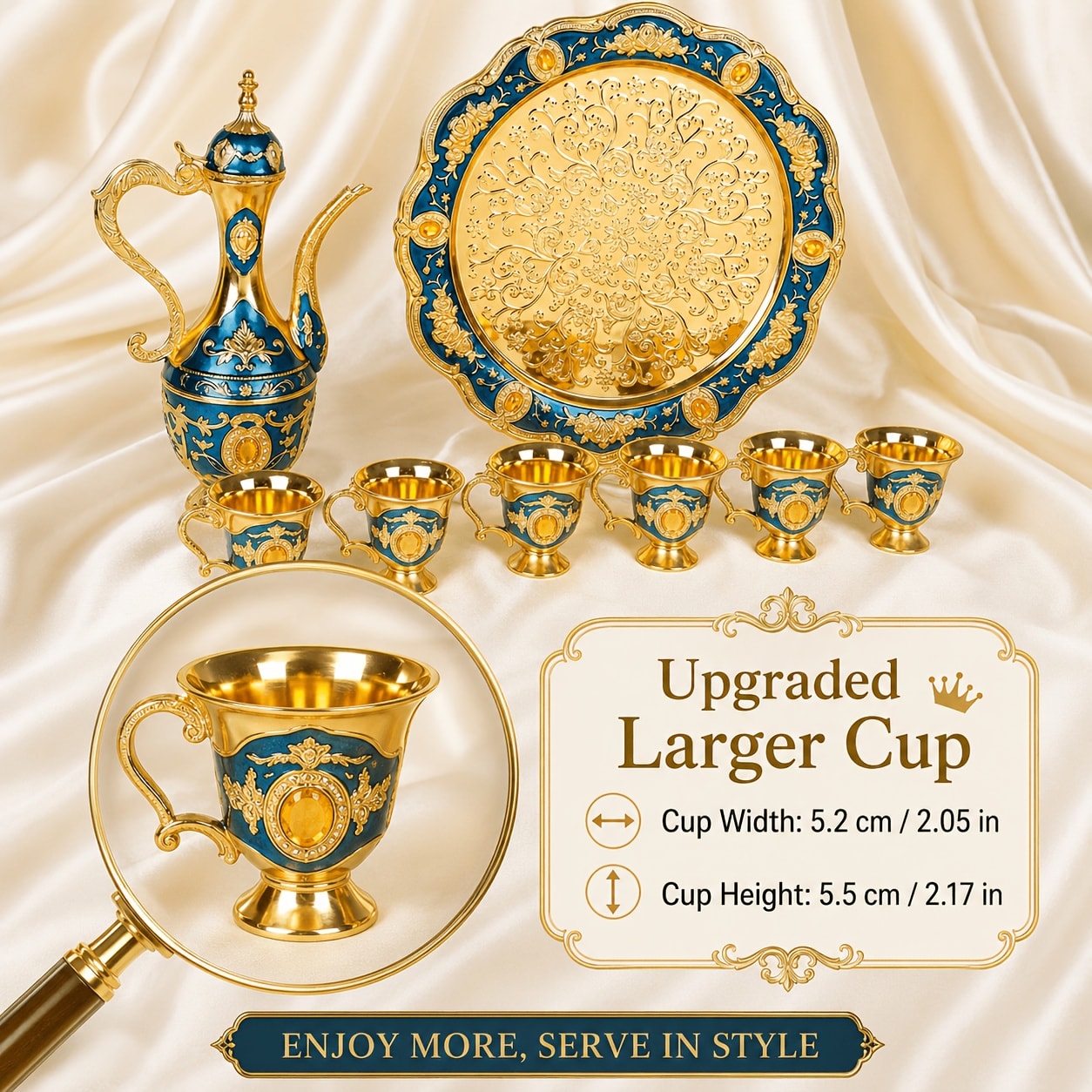 Vintage-Style Turkish Tea and Coffee Serving Set with Teapot, Six Cups and Tray in Three Colors