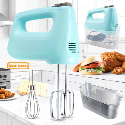 Electric Hand Mixer 250W with Storage Case – 5-Speed Plus Turbo Handheld Mixer with 5 Stainless Steel Attachments (2 Beaters, 2 Dough Hooks & 1 Whisk) – Kitchen Baking Mixer in Blue, Black, White & Silver