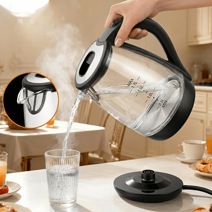 Glass Electric Kettle 1200W Fast Boiling – 57.48oz Tea Kettle with LED Indicator, Auto Shut-Off & Boil-Dry Protection, Elegant Transparent Design for Kitchen, Office & Camping