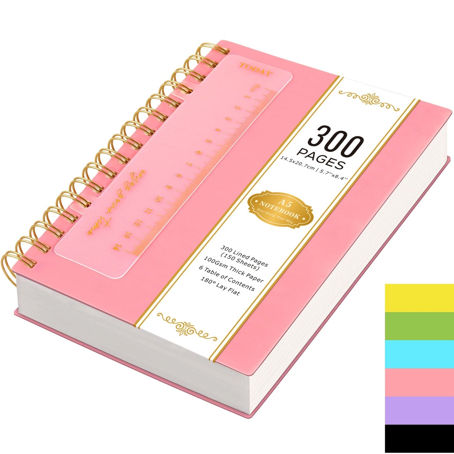 A5 Hardcover Spiral Notebook with 300 Lined Pages, 100 GSM Paper and Six Color Cover Options