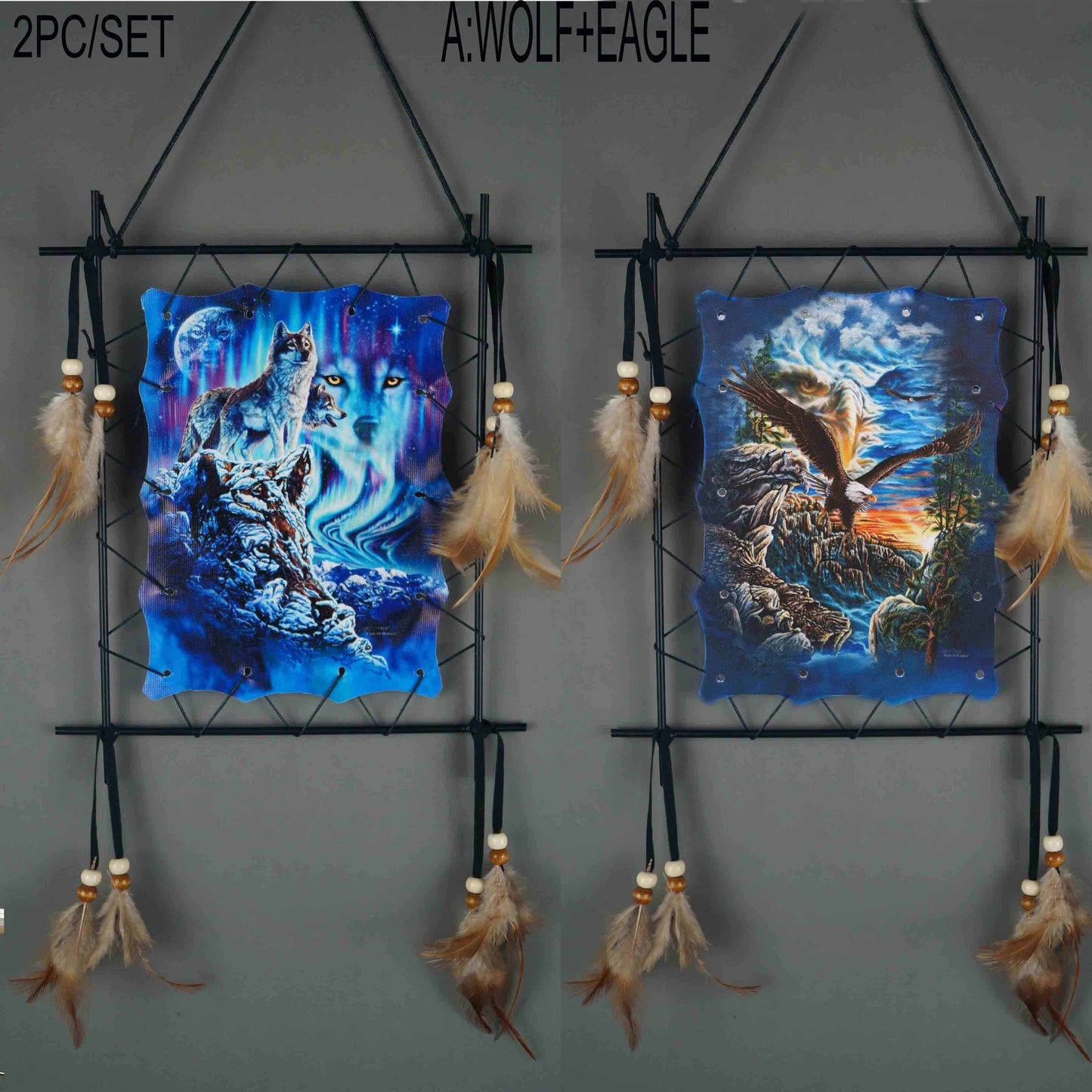 Two-Piece Animal Canvas Wall Hanging Set with Beads, Feathers and Three Wolf-Eagle Designs