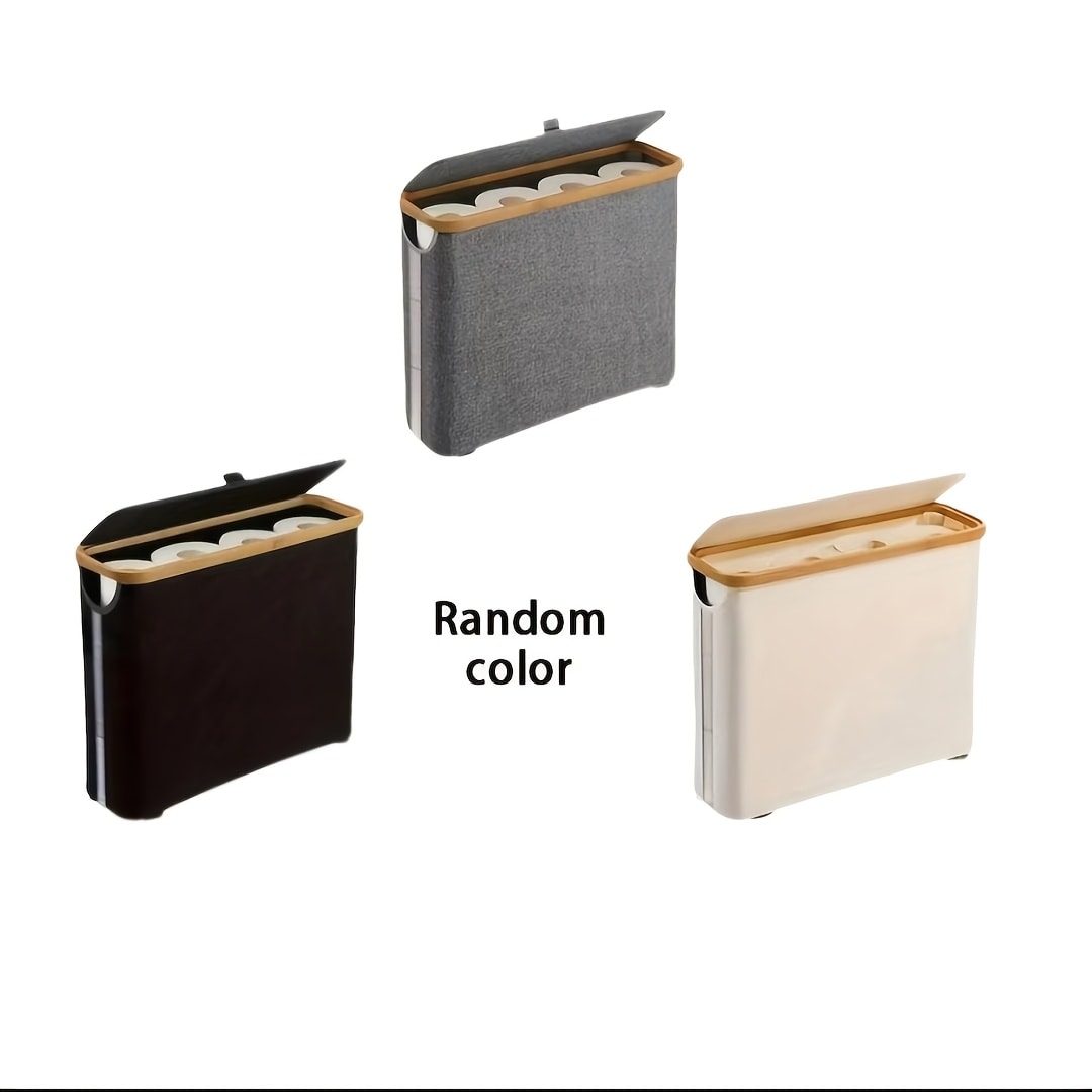Lidded Toilet Paper Storage Basket with Bamboo-Style Rim in Five Color and Accessory Configurations