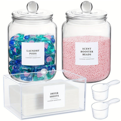 Wide-Mouth Glass Storage Canisters with Lids, Labels and Spoons in Five Pack Configurations