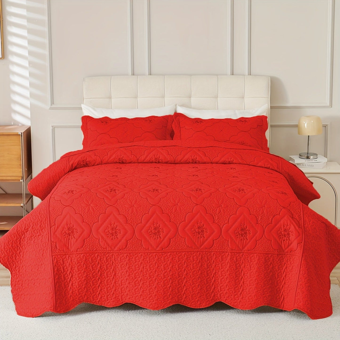 Quilt Set 3 Piece Floral Embroidery Bedspread - 100% Polyester Wrinkle Resistant Lightweight Quilted Coverlet with 2 Pillow Shams for Full Queen King Bed, Elegant Bedroom Decor in 19 Colors