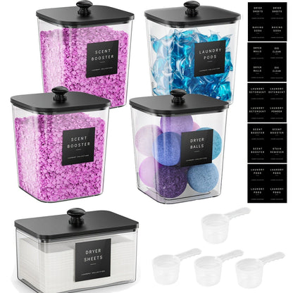 Laundry Pods Container & Dryer Sheet Holder Set with Bamboo Lids, Clear Laundry Room Organization Containers for Scent Booster, Powder, Pods – 3+1 Pack