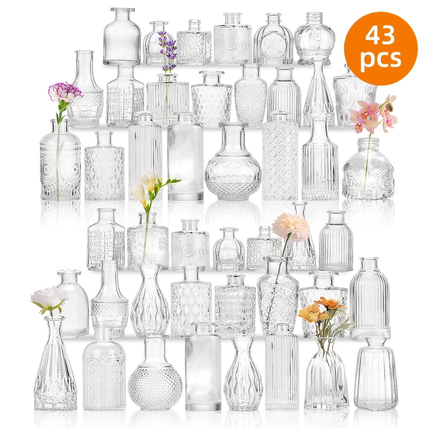 Party Decorations Clear Mini Bud Vase Set with 12, 30, 43 or 52 Mixed Shapes for Table Displays