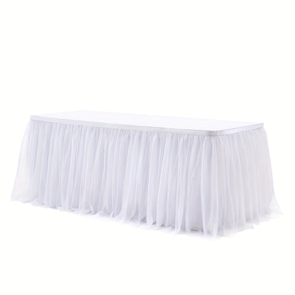 Pink Tutu Table Skirt 6ft – Ruffle Tulle Table Skirt for Rectangle & Round Tables, Princess Girls Birthday Party, Cake Dessert Table Decor, Gold Brim, Multiple Colors Available