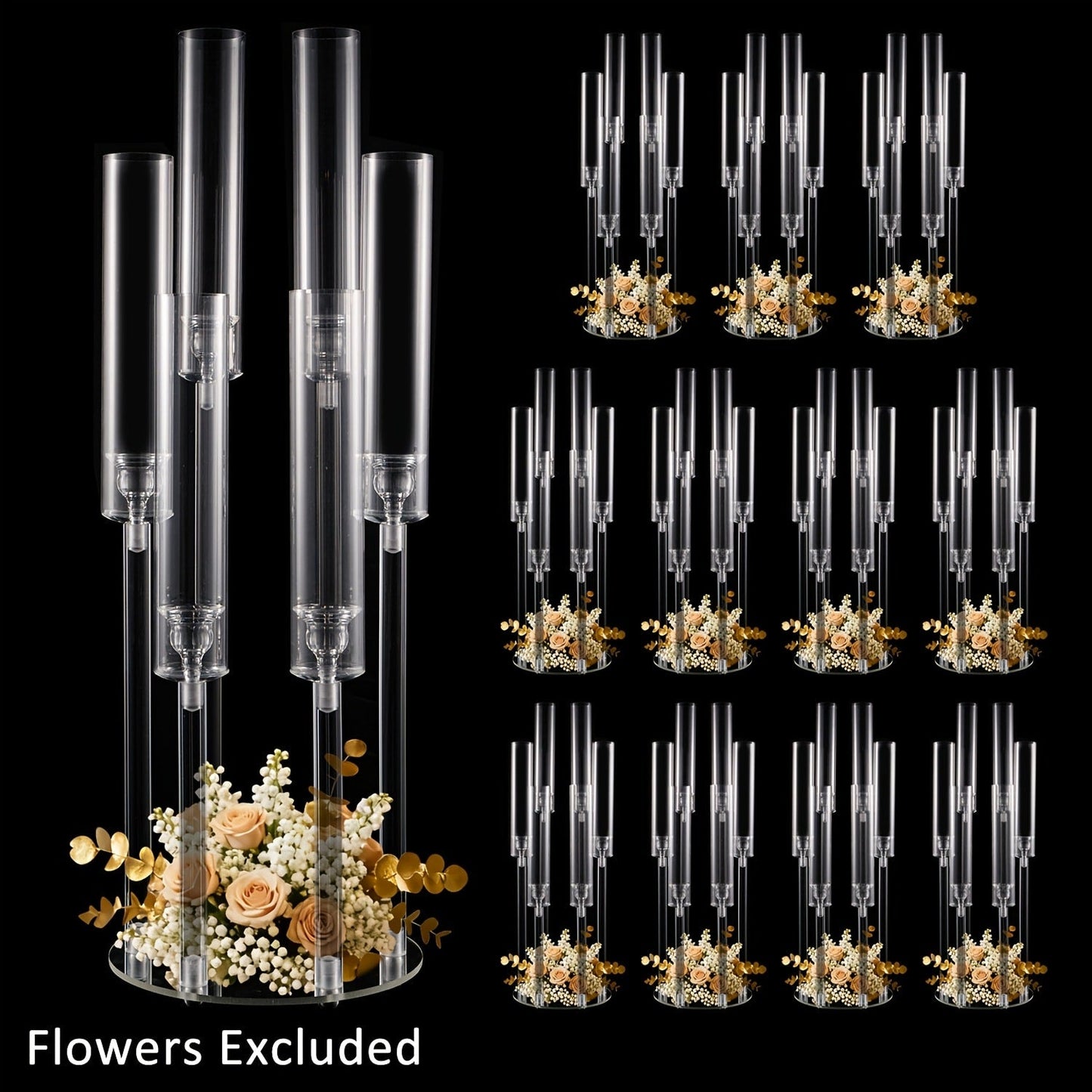Clear Acrylic Six-Arm Candelabra with 68cm Height, 22cm Round Base and 2-, 4-, 10-, 12- or 20-Piece Options