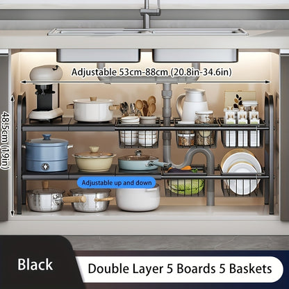 Under Sink Organizer and Storage Expandable 2 Tier Cabinet Shelf Organizer with Detachable Panels and Baskets for Under Kitchen Bathroom Sink, Adjustable Metal Cabinet Storage Rack