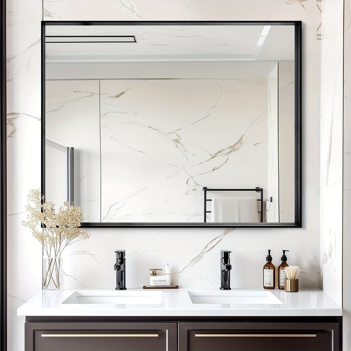 Bathroom Vanity Mirror Wall Mounted Metal Frame Rectangle – Anti-Rust Farmhouse Mirror in Matte Black, Gold & Silver, Multiple Sizes, Horizontal or Vertical Hang