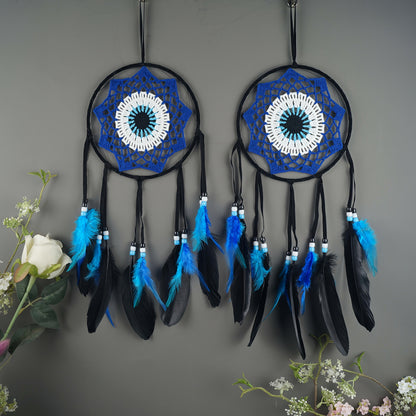 Evil Eye Dream Catcher Wall Decor with Woven Blue Motifs in Black, Beige or Two-Piece Round Set