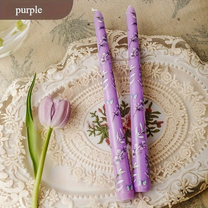 Patterned Taper Candle Set with 9.84-Inch Height in Green, Purple, Blue or Pink and Two- or Four-Piece Options