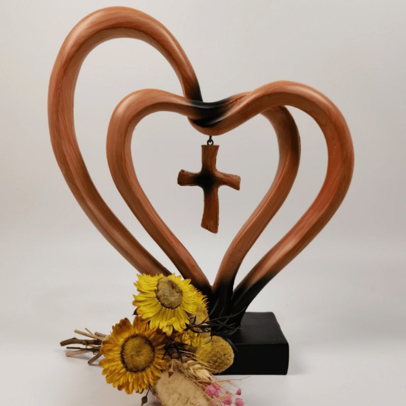 Resin Cross Ornament Wood Grain Love Design – Modern Decorative Cross Statue for Home Office Desktop, Mother's Day Valentine's Day Gift, Tabletop Spiritual Decor Figurine