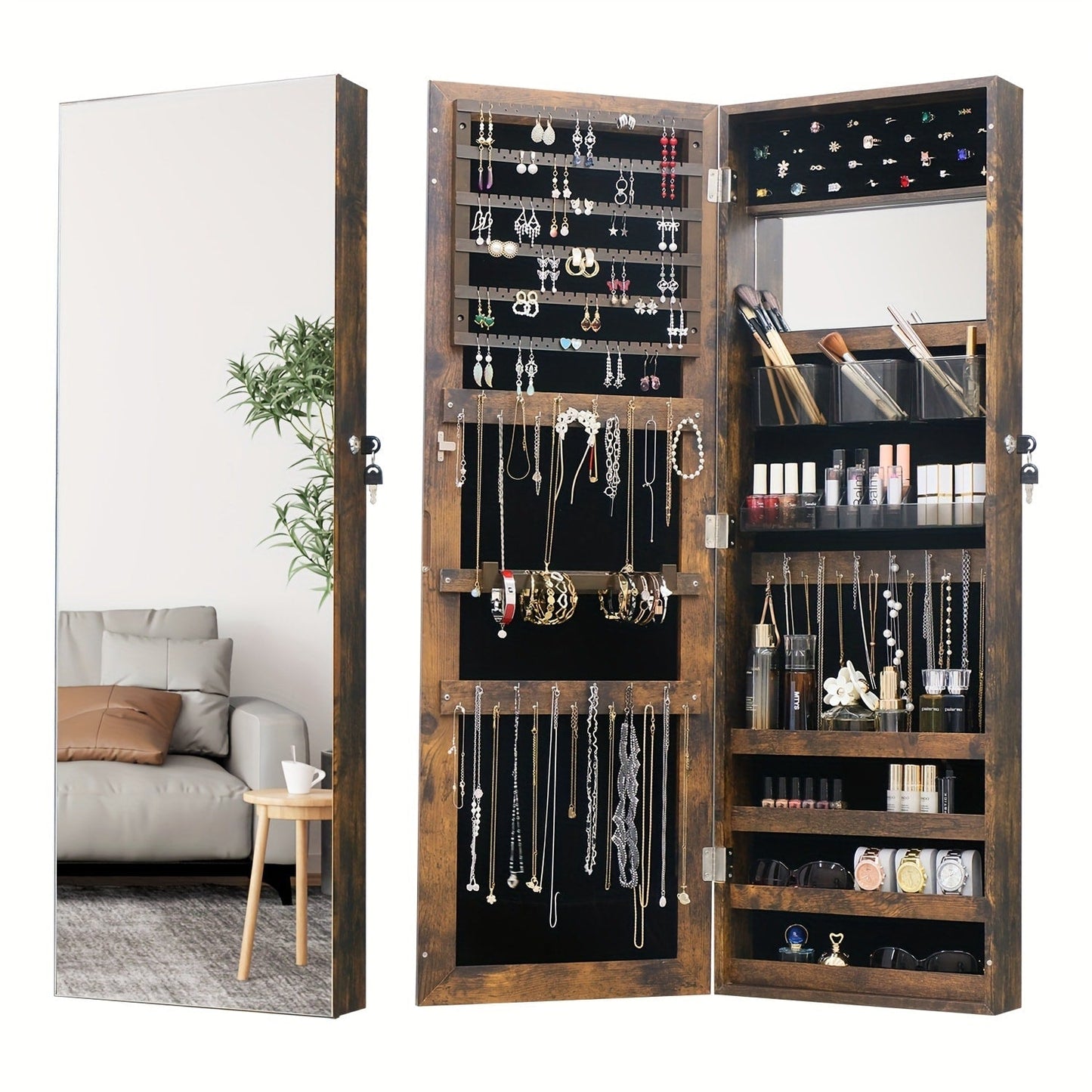 Full Length Mirror Jewelry Armoire Cabinet, 2-in-1 Lockable Over the Door Mirror with Jewelry Storage, Makeup Organizer with Baskets Bins & Hooks, Bedroom Vanity Jewelry Cabinet in Black White Brown