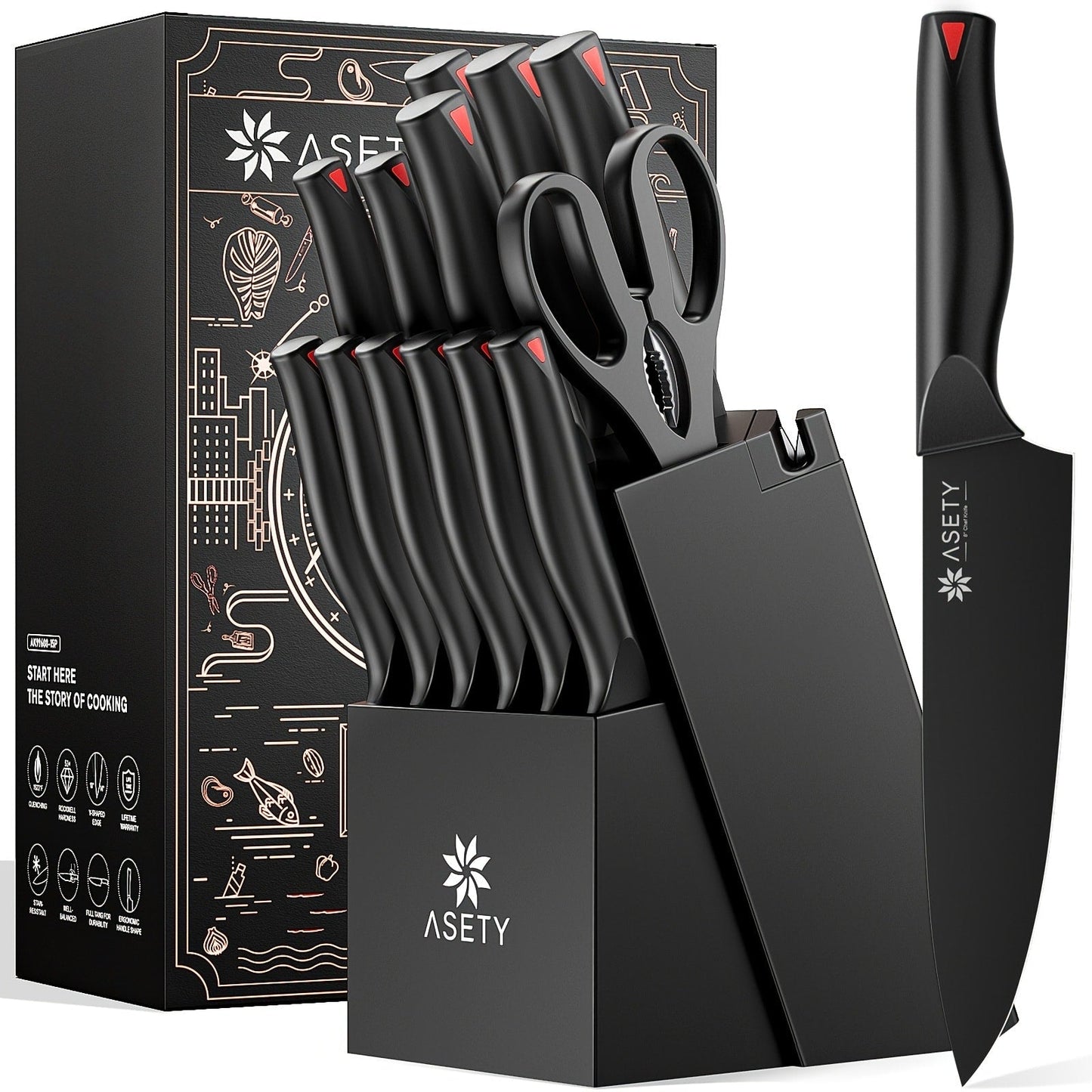 15-Piece Kitchen Knife Set with PP Handle, Professional Chef Knife Set with Block, Stainless Steel Sharp Blade, Ergonomic Non-Slip Handle, Home Cooking & Restaurant Knife Set