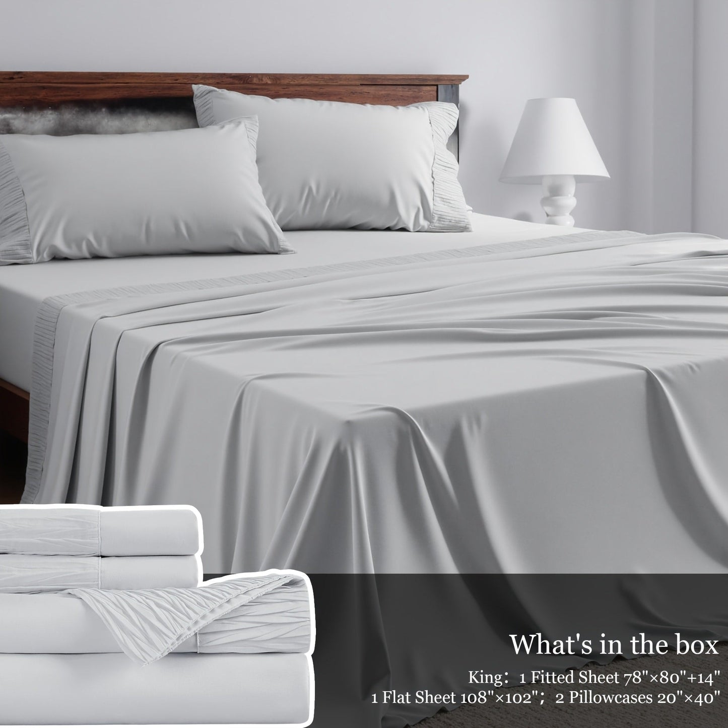 Sheet Set, Four-Piece Solid-Color Bedding with Deep-Pocket Fitted Sheet, Flat Sheet and Two Pillowcases